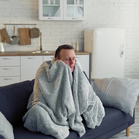 sick young man suffering from flu at home. pandemic. quarantine concept
