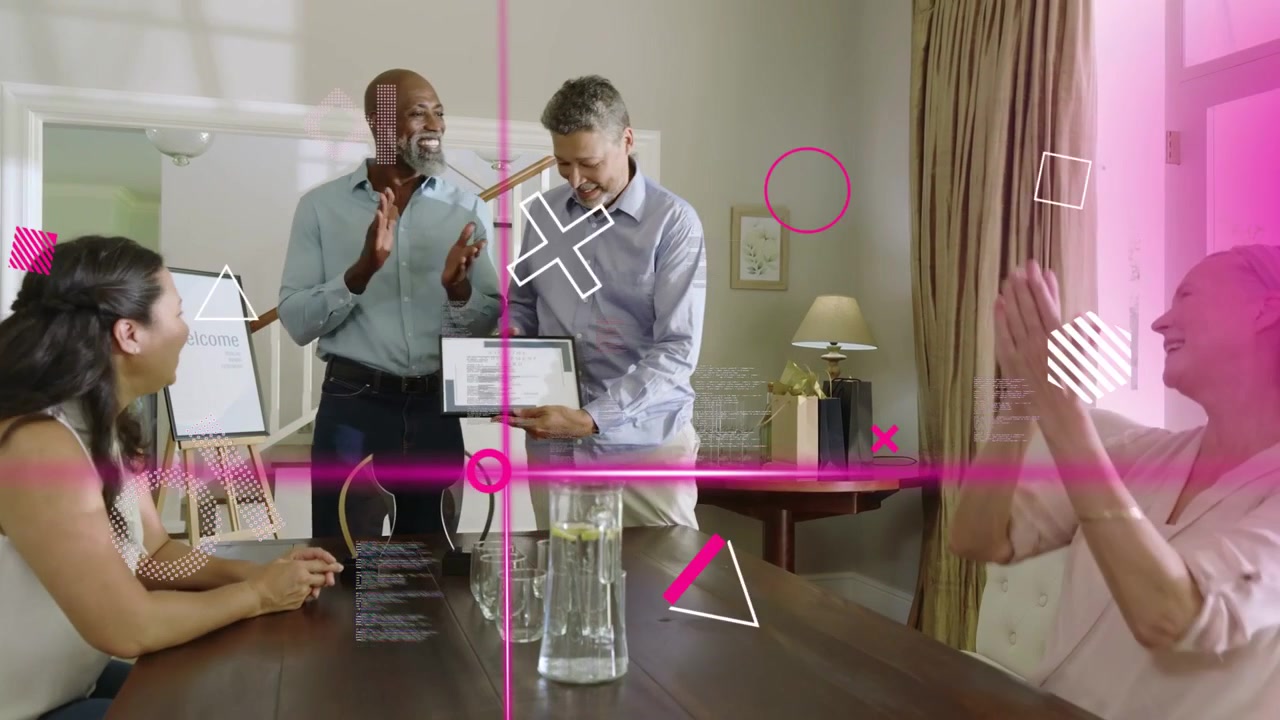 Handshake sparking host awarding honoree in community, pink overlay crossing screen, group clapping