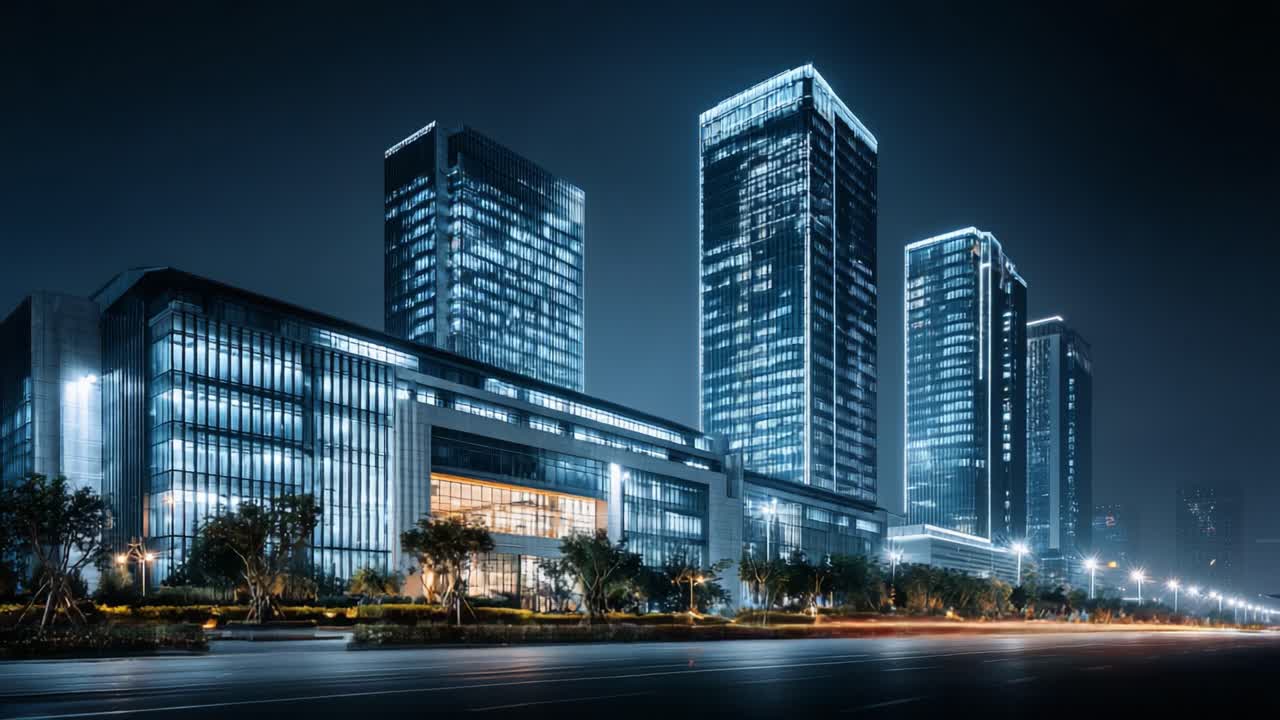 Paisagem Urbana Iluminada: Cenário Noturno da Cidade Mostrando Arquitetura Moderna com Estruturas Arranha-céus e Luzes Vibrantes da Cidade ao Lado de uma Estrada Movimentada