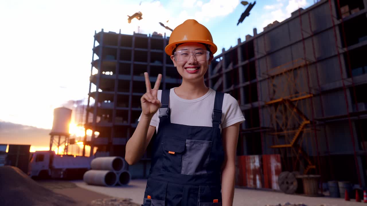trabajadora asiática con gafas de protección y casco de seguridad sonriendo y mostrando un gesto de paz a la cámara mientras está de pie en el sitio de construcción