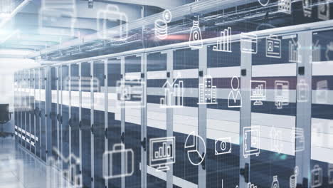 animación de iconos digitales y procesamiento de datos a través de servidores informáticos