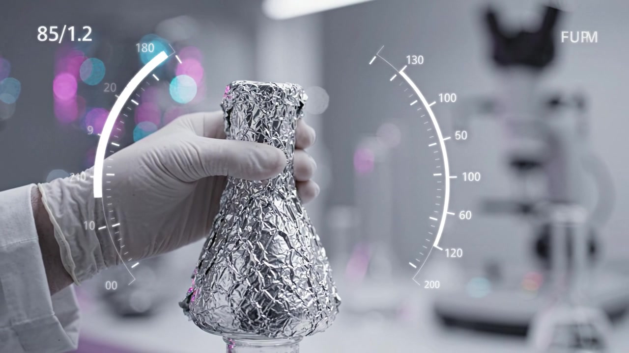 Laboratory experiment showcasing a scientist holding a reflective foiled flask with futuristic digital overlays, emphasizing precision and innovation in scientific research.