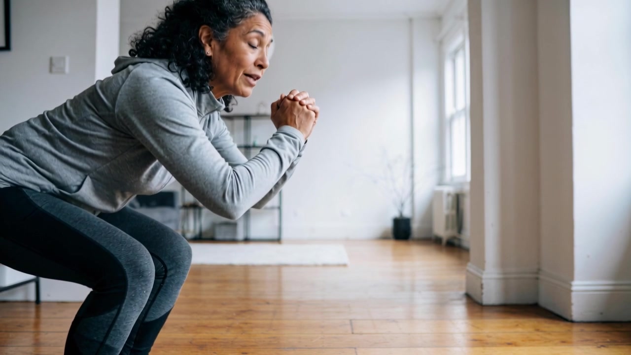 Iniziando l'allenamento, una donna con felpa grigia esegue degli squat per mantenere la postura corretta in appartamento, con un tappetino da yoga.