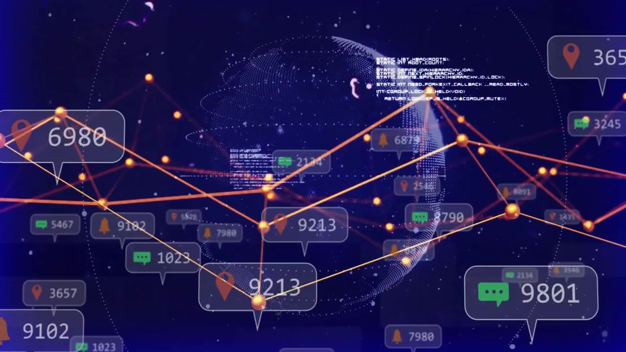 Opening void revealing 3D blue sphere, globe expanding orange network, popping icons updating data