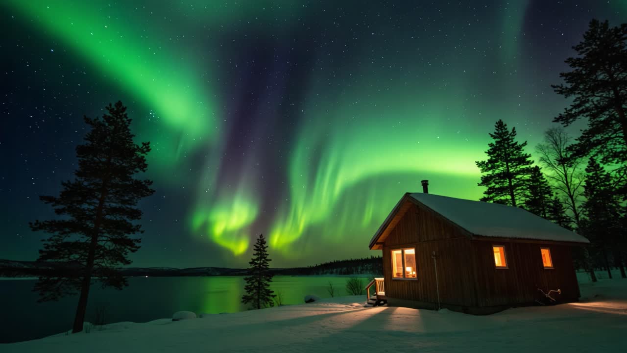 Captivating Northern Lights Illuminating a Cozy Cabin and a Serene Landscape Under a Starry Sky, Creating a Dazzling Display of Colors and Nature's Beauty