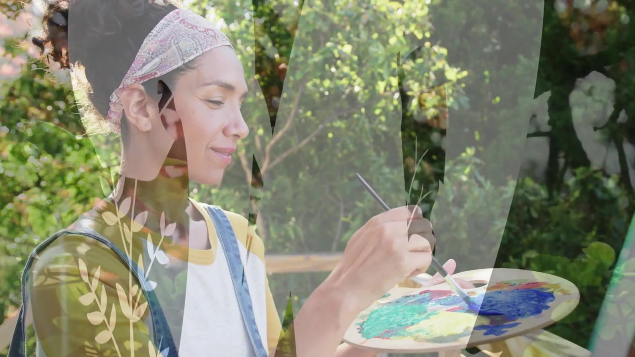 女性アーティストがパレットに筆を浸し庭の風景を描く中、葉のオーバーレイがクロスフェードする。