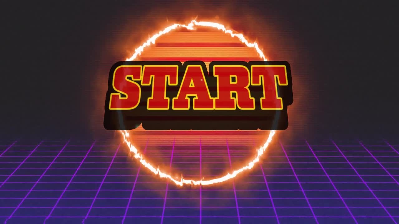 Animation of the word Start written in red letters with glowing grid