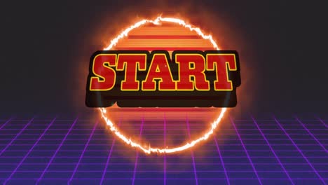 animación de la palabra comienzo escrita en letras rojas con cuadrícula brillante