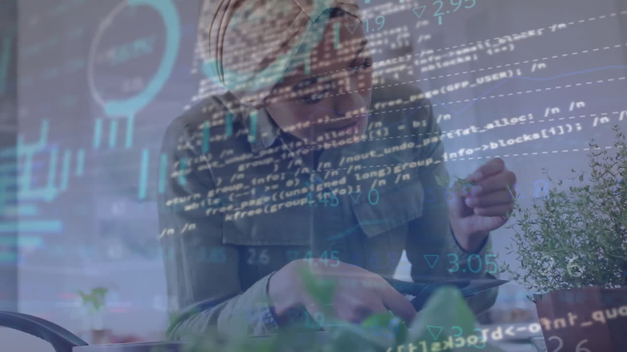 animación de gráficos, lenguaje informático, mujer biracial cortando y olfateando flores de la planta