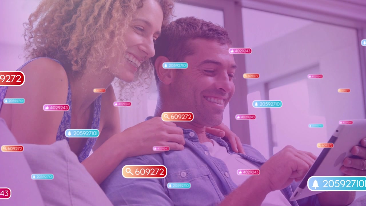 Man tapping tablet, woman leaning pointing, UI badges popping over couple, showing social feed
