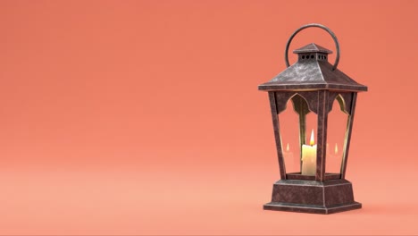 a beautifully crafted metal lantern casting a warm glow from its candle, positioned against a soft coral backdrop, enhancing its elegant and inviting ambiance