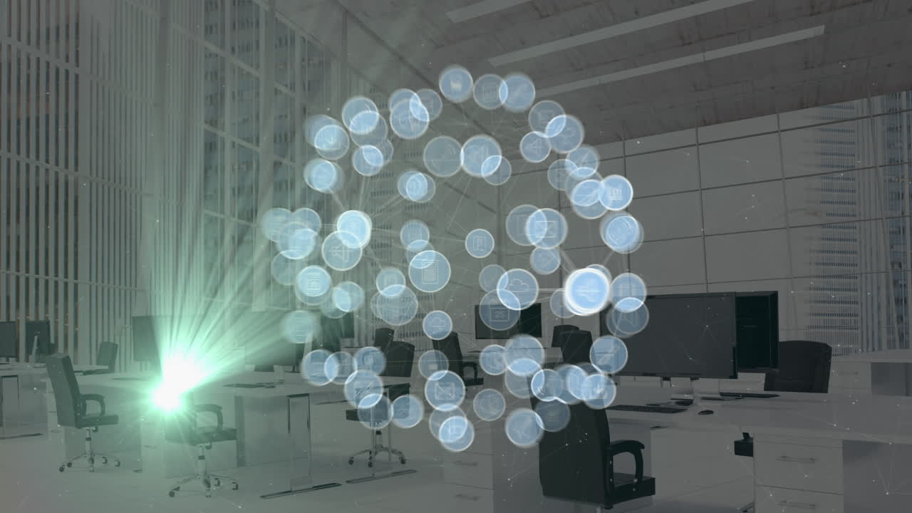 Animation of network of connections with icons and light trails over empty office