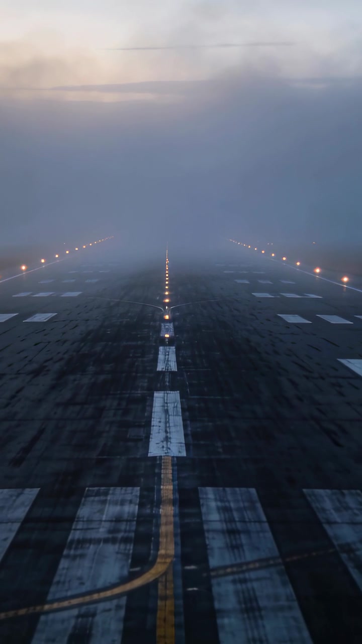 Vertikales Video: Kamera bewegt sich über Start- und Landebahn, Lichter leuchten, Markierungen werden größer, während Nebel die Flugsicht einschränkt.