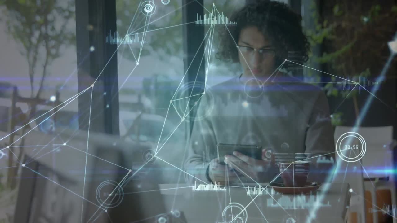 Network of connections and data processing against african american man using smartphone