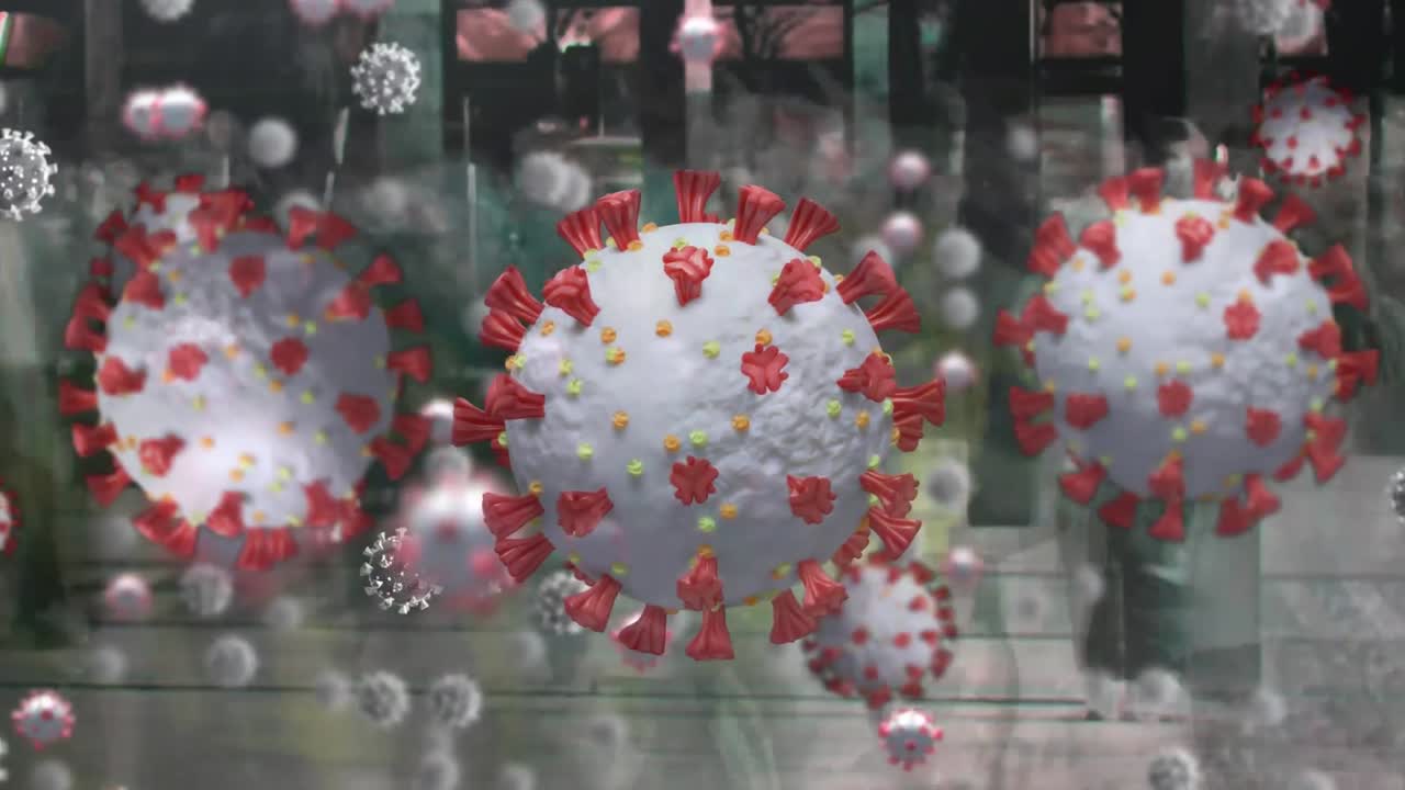 Animation of covid 19 cells over pedestrians walking in busy street