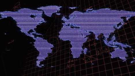 Animation-of-data-processing-over-world-map-on-dark-background