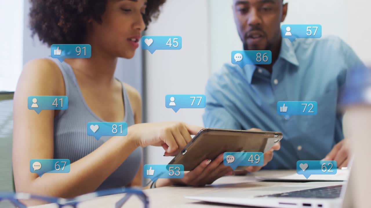 Colleagues interacting with devices driving marketing data and rising likes while tracking growth