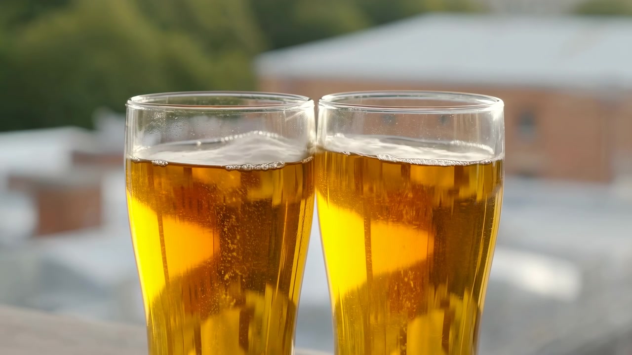 Due bicchieri alti e trasparenti riempiti con liquido ambrato dorato su una terrazza esterna, che mostrano piccole bolle in superficie, sottili bordi di schiuma, morbidi riflessi della luce diurna e un'atmosfera di ospitalità pulita e informale.