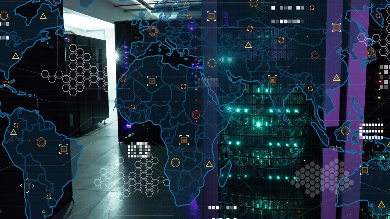 Animation of world map and data processing against empty computer server room