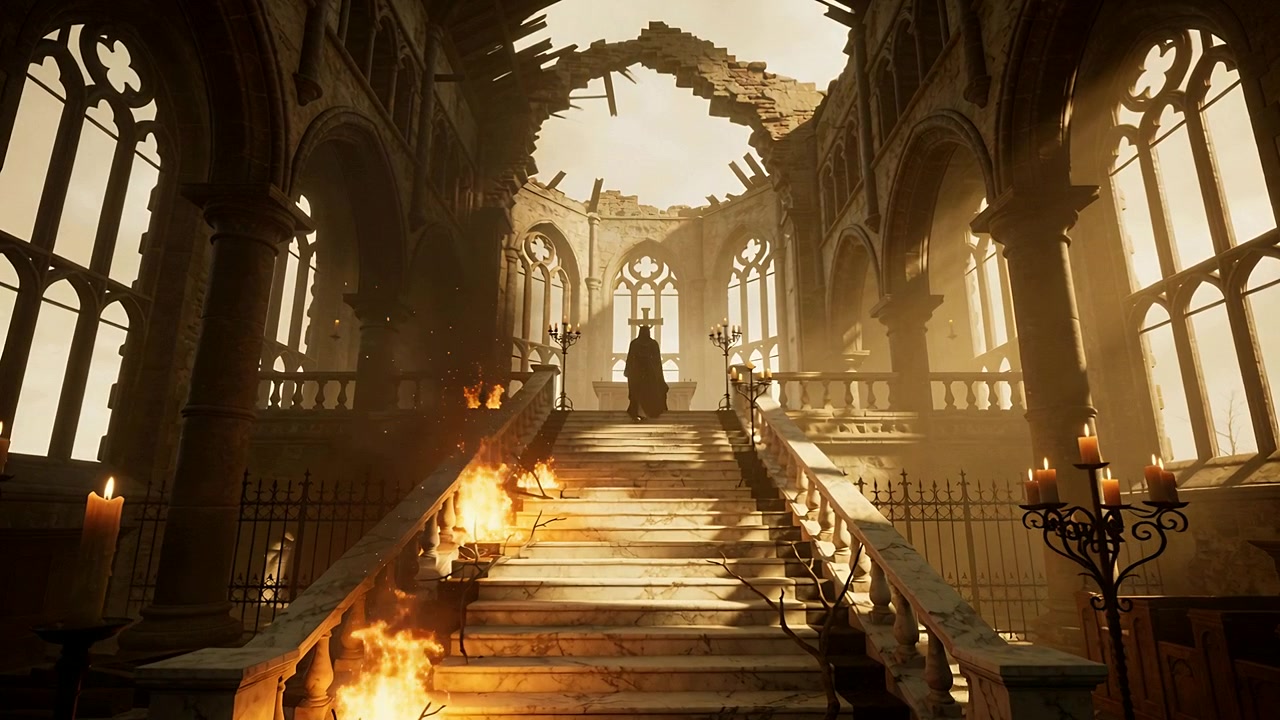 Figura ammantata che scende le scale di marmo in una cattedrale in rovina dopo una pausa, muovendosi verso lo spettatore.