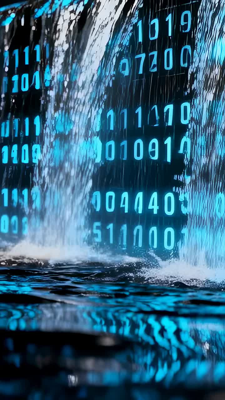 Vertical video: Spilling trough, LED waterfall falling into pool, mirroring cyan code for exhibit
