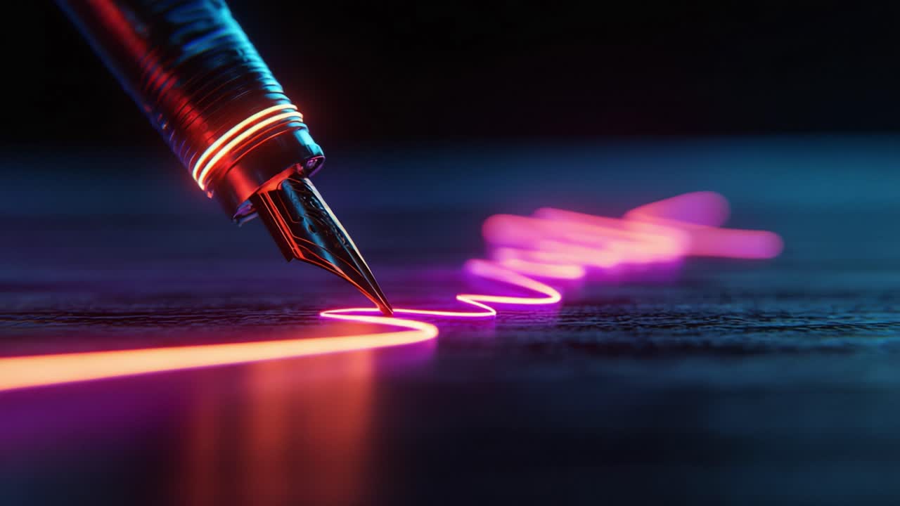 Close up of a classic fountain pen leaving a trail of glowing neon light, creating a signature on a dark, reflective surface in a futuristic and stylish setting with vibrant pink and blue colors