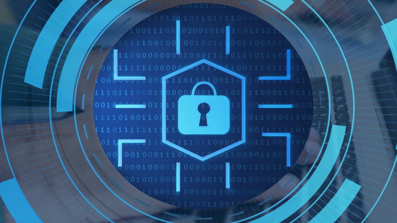 Man typing on laptop keyboard, initiating particle dots and cyan HUD rings forming padlock security