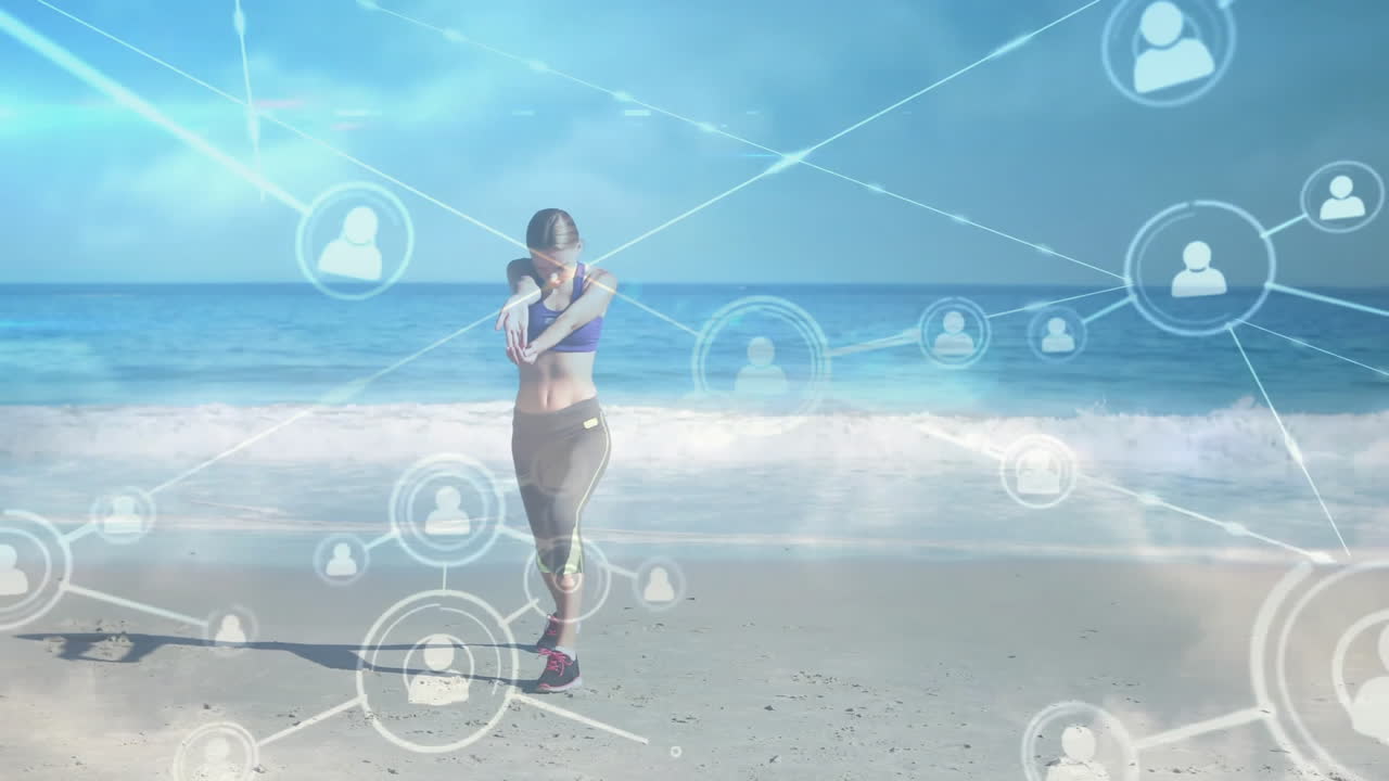 Exercising on beach, woman with animation of digital network connections overlay
