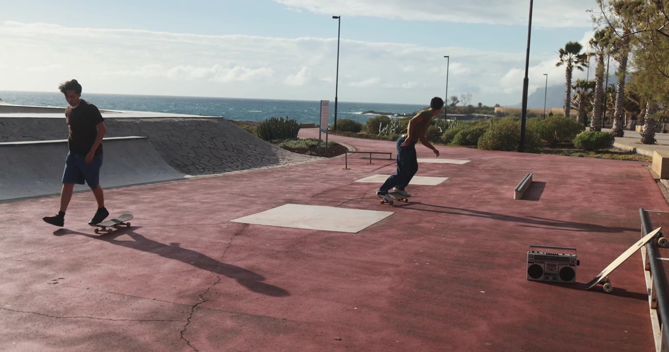 Dva mladí muži skateboardující v pobřežním skateparku