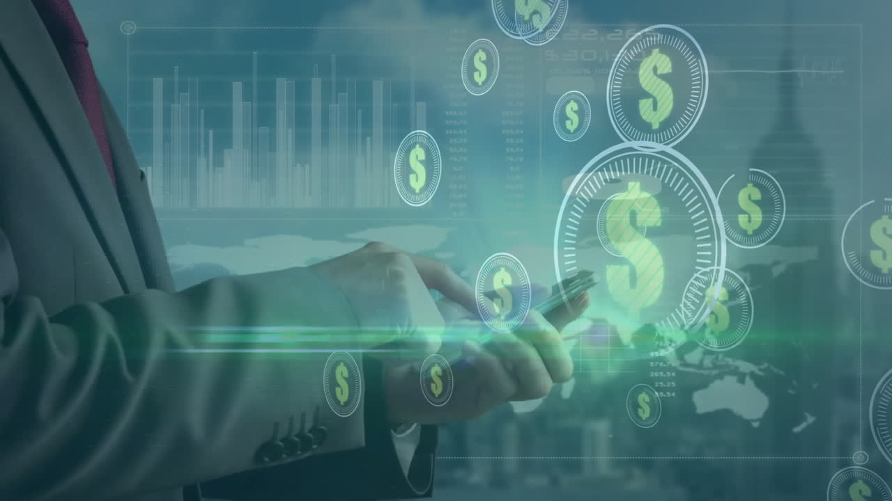 Using smartphone, businessperson viewing animation of digital dollar symbols and graphs