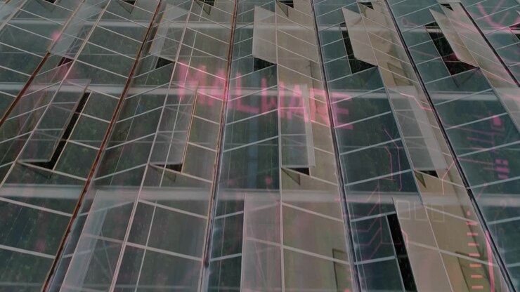 Tilted solar panels reflecting raindrops, displaying neon malware text overlay across wet grid