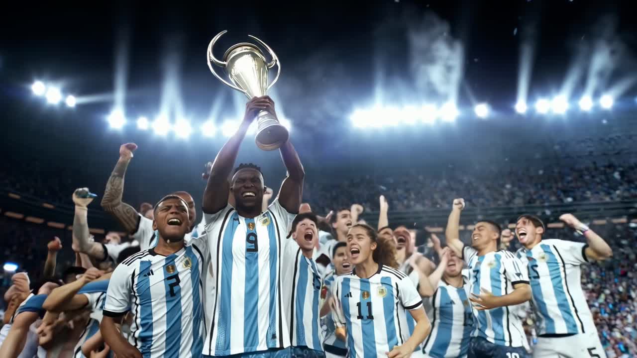 Toma de video en ángulo bajo de un equipo de fútbol celebrando con un trofeo bajo las luces del estadio.