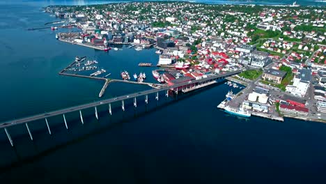 bridge of city tromso, norway aerial footage