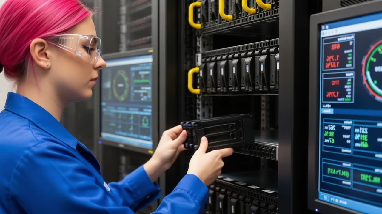 Technician with Pink Hair Efficiently Managing Server Hardware and Data Systems in a High-Tech Server Room, Ensuring Optimal Performance and Functionality