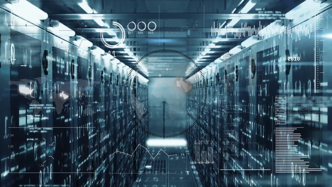 Animation of futuristic data center with holographic elements in corridor