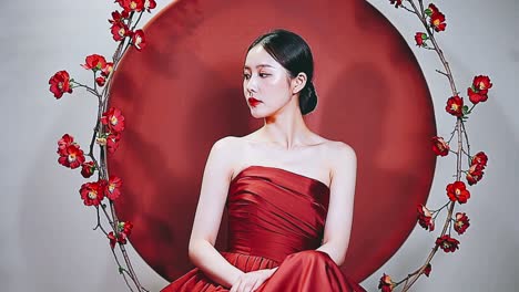 woman in red formal dress with red flowers