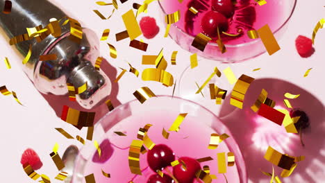 Animation-of-confetti-falling-and-cocktails-on-pink-background