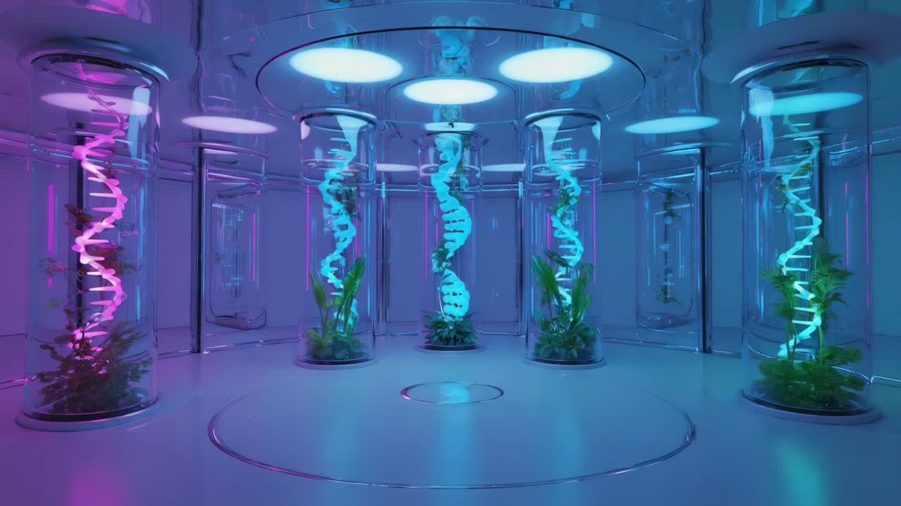 Futuristic Laboratory with DNA and Plants