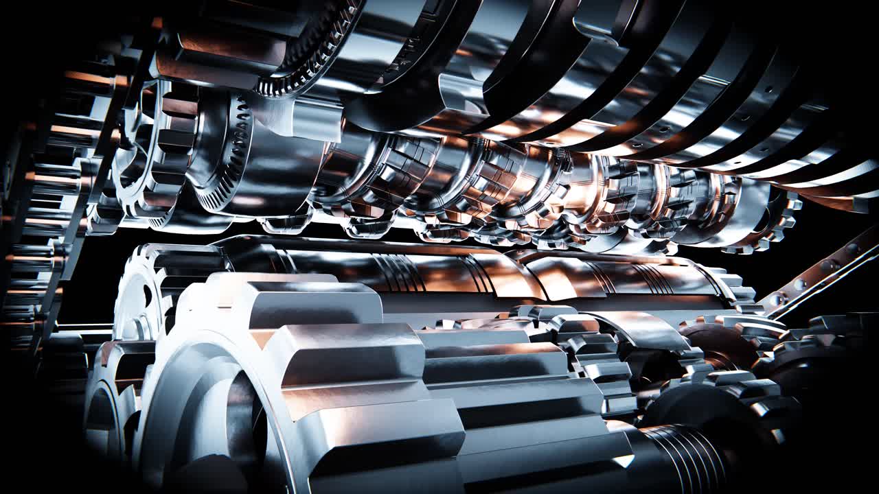 Close-up of Rotating Metallic Gears in a Complex Mechanism
