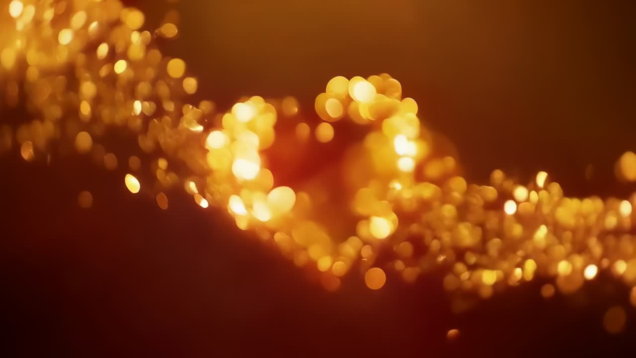 Fließendes goldenes Bokeh-Band nach dem zentralen Blitz, das im Makro-Setup ein Herzcluster bildet und sich fragmentiert
