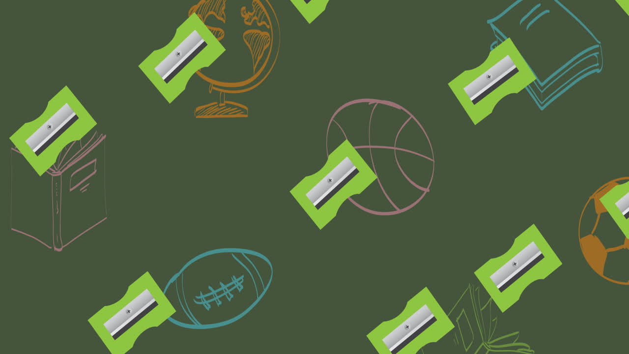 반복되는 녹색 연필 날카로움의 애니메이션이 녹색 칠판에 공과 책 doodles를 이동