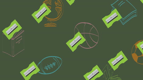animación de afiladores de lápiz verdes repetidos que se mueven sobre la pelota y los garabatos del libro en la pizarra verde