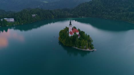 lake bled island, slowenia, drone shot