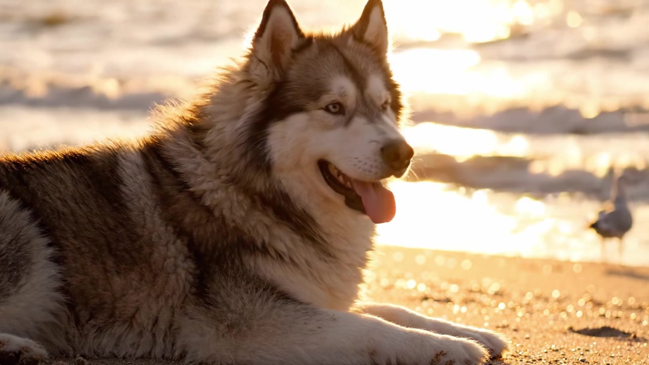 Maestoso Siberian Husky che si rilassa sulla spiaggia al tramonto, catturando la bellezza della natura e lo spirito giocoso della compagnia canina