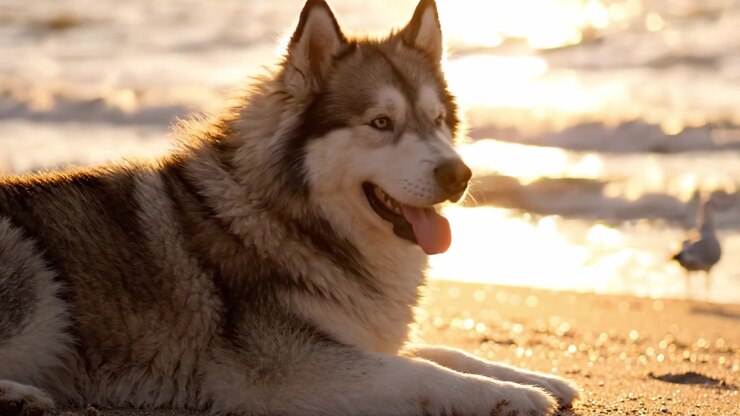 Maestoso Siberian Husky che si rilassa sulla spiaggia al tramonto, catturando la bellezza della natura e lo spirito giocoso della compagnia canina