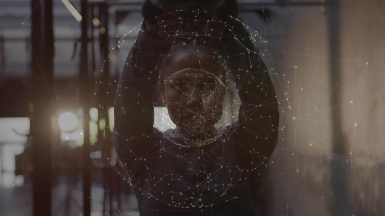Woman standing in corridor, raising arms and cupping particle sphere, sphere shifting, tech demoing