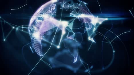 animation of globe and constellation on hand of caucasian woman on black background