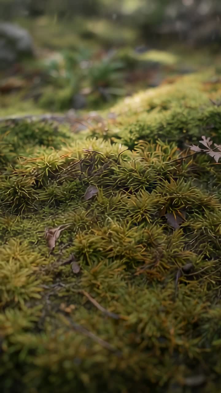 Video verticale: pioggerellina, angolazione della camera che si allontana, mostrando le texture di un letto di muschio cespuglioso in un bosco