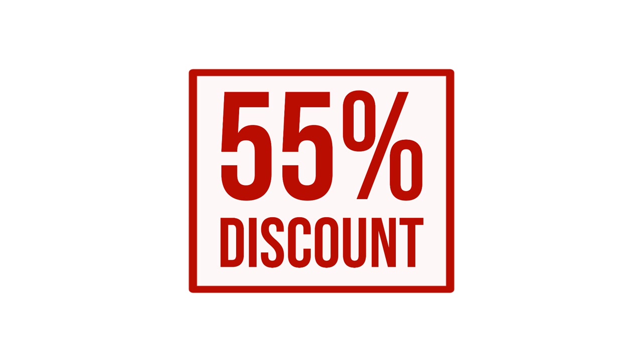 Animation 55% discount label motion graphic with bold red typography on white background, ideal for sales promotions, special offers, retail advertising, marketing campaigns, and e-commerce videos.