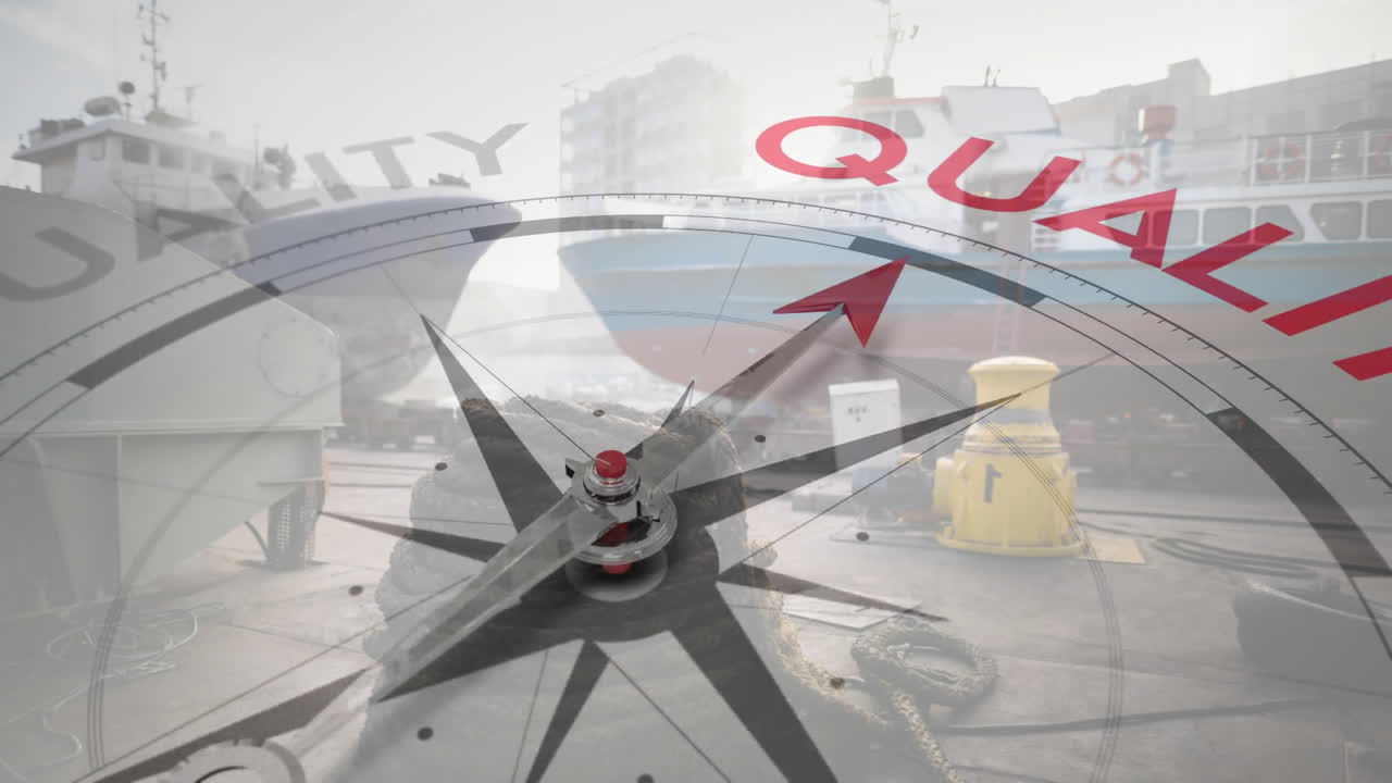 항구에 있는 배 위에 있는 리티 텍스트를 가리키는 화살표를 가진 나침반의 애니메이션